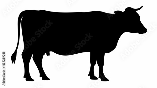 Silhouette of a cow standing in profile with visible udder tail and horns against a white background