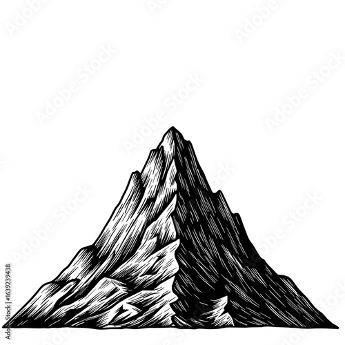 Mountain Majesty: A stark monochrome illustration of a majestic mountain, its rugged peaks and textured slopes rendered in intricate detail, evoking a sense of awe and the grandeur of nature.