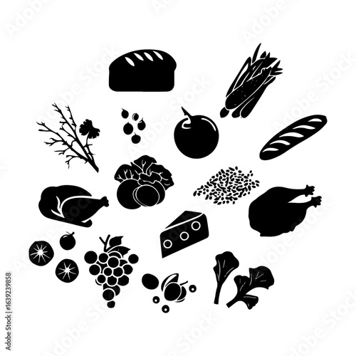 Silhouettes of food products, chicken, bread, vegetables, grains, cheese, grapes. A set of vector flat monochrome icons