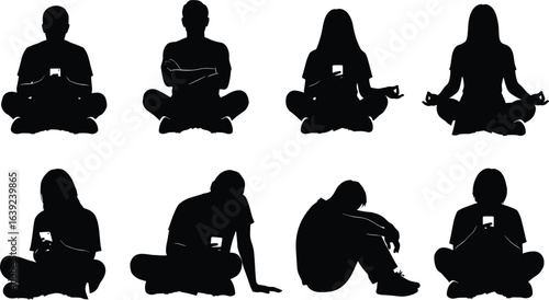 Silhouette people sitting on floor using smartphone, meditation and relaxation poses, digital addiction concept, mindfulness balance, social media technology influence
