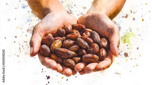 Hands holding a pile of cocoa beans with a colorful splatter background, vibrant and artistic illustration