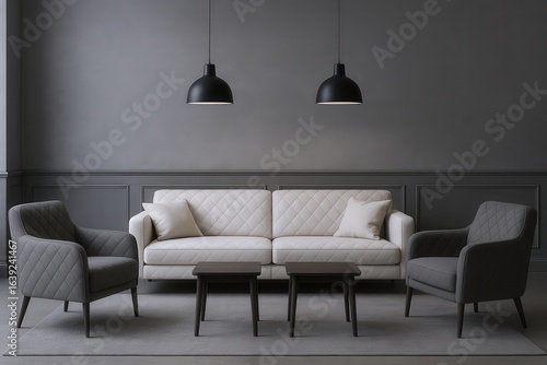 Elegant Living Room Arrangement Featuring a Quilted Sofa, Armchairs, and Pendant Lights with a Sophisticated Gray Palette