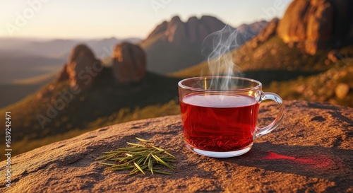 Cup of south african rooibos tea with a scenic view of the Cederberg mountains at sunset