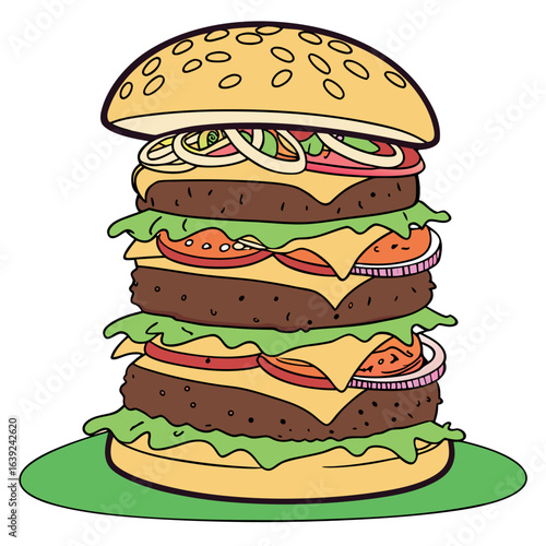 Multi layered burger stands tall with fresh ingredients on green plate, illustration