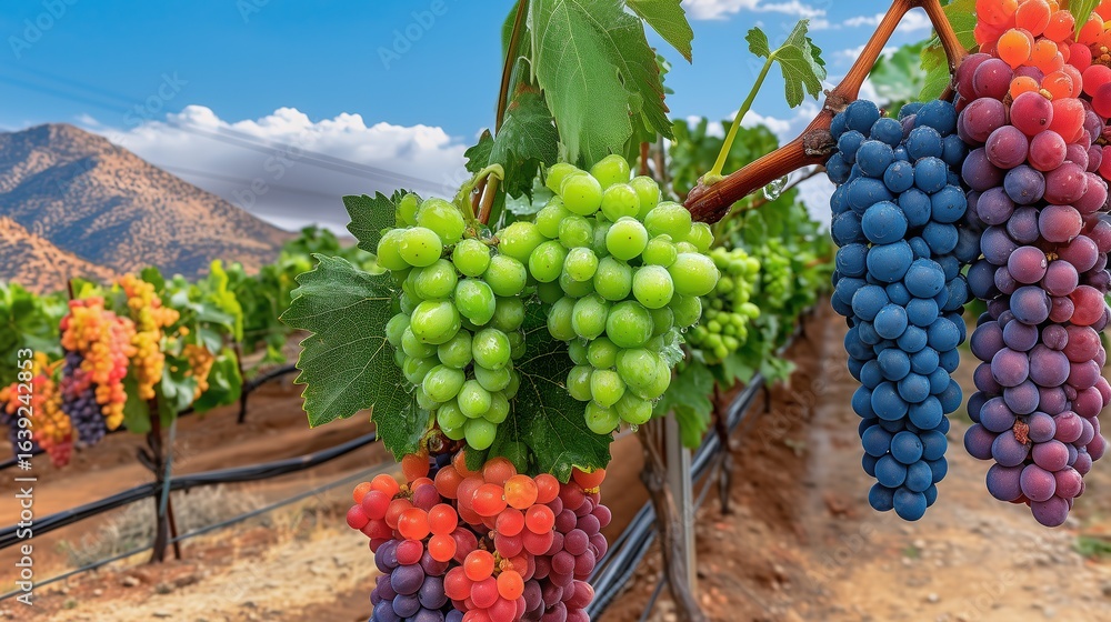 Obraz premium Photography work featuring an ecological vineyard with colorful grape varieties and a mountain background, conveying an atmosphere of rich varieties and ecological vitality, metaphorically representin