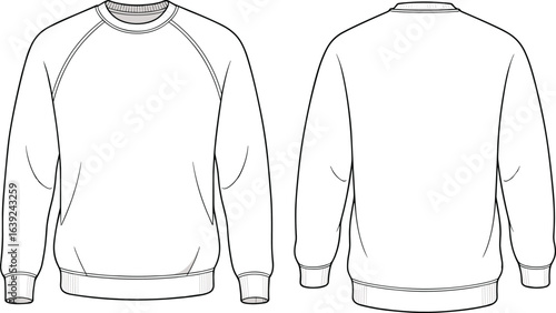 Blank crewneck sweatshirt front and back view, casual long sleeve pullover with ribbed cuffs and hem for fashion design template, flat vector illustration