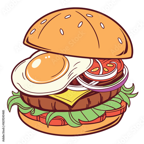 Topped with sunnysideup egg, the burger stacks high with fresh veggies and buns
