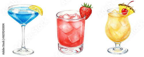 A watercolor illustration of three popular summer cocktails, including a Blue Lagoon, a strawberry daiquiri, and an orange drink. This vibrant set is perfect for a party or beach bar menu.