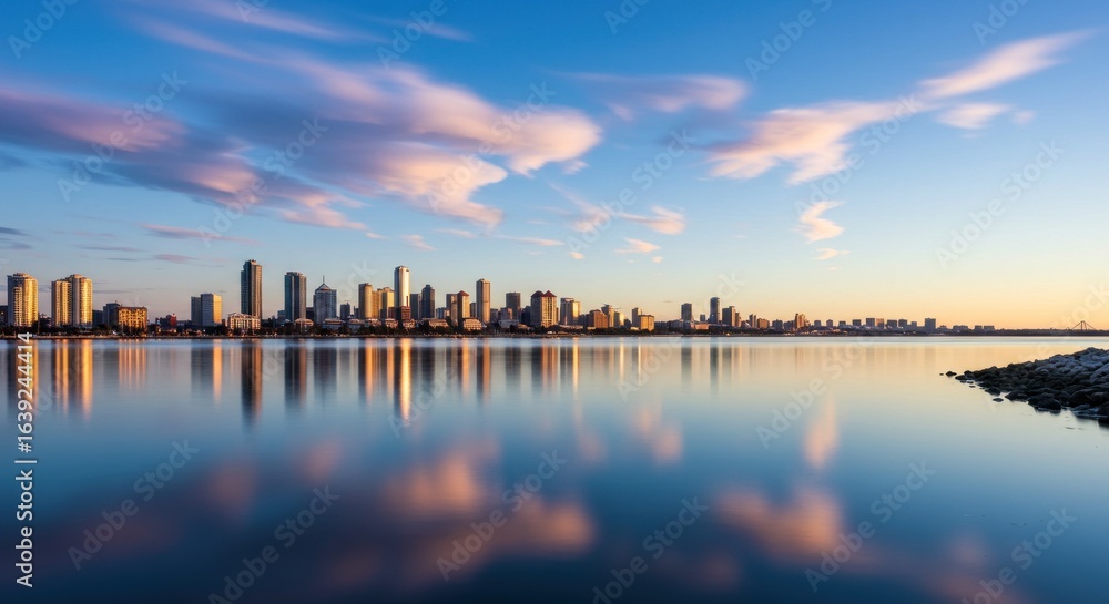 Fototapeta premium City skyline reflected in calm water at sunrise with wispy clouds