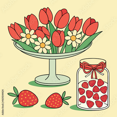 Still life showcases red tulips with daisies, strawberries and a jar of strawberry preserves