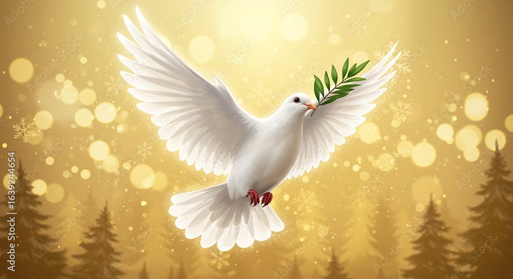 A white dove flies, carrying an olive branch in its beak, against a golden bokeh background with stylized pine trees. A white dove flies, carrying an olive branch in its beak, against a golden bokeh background with stylized pine trees.