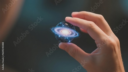 Hand holding a miniature galaxy, showcasing cosmic art in a tangible form.