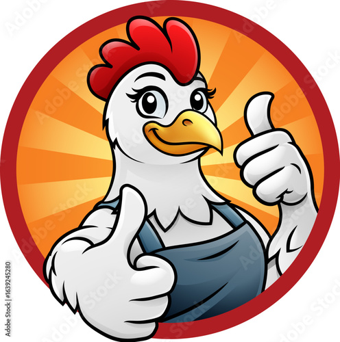 Cheerful cartoon illustration of female chicken chef character wearing apron giving thumbs up in front of a sunburst background. Friendly design suited for branding, food packaging, or advertising.