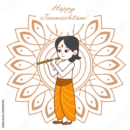 Young Krishna playing flute with decorative mandala background and text Hindu deity