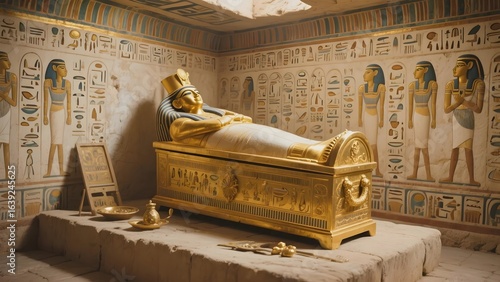Golden sarcophagus in an ancient Egyptian tomb adorned with hieroglyphics and figures.