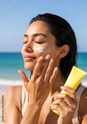 A smiling woman applying sunscreen on her face during a sunny day at the beach for skin protection