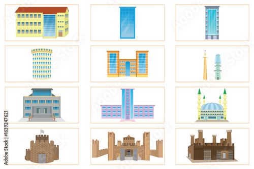 set with different types of buildings