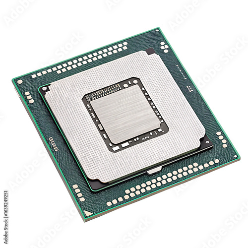 Plakat Silver processor chip with green circuit board isolated on a transparent background