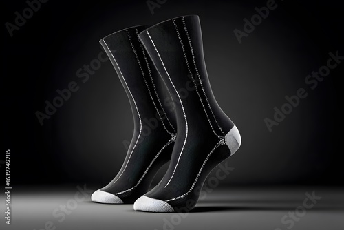 Vector compression socks, sleek black with silver lines, copy space. 