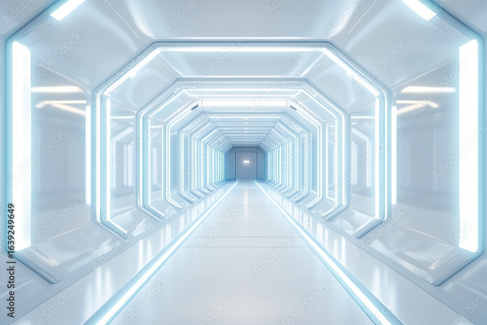 Fototapeta premium Futuristic white sci fi corridor with glowing LED lights