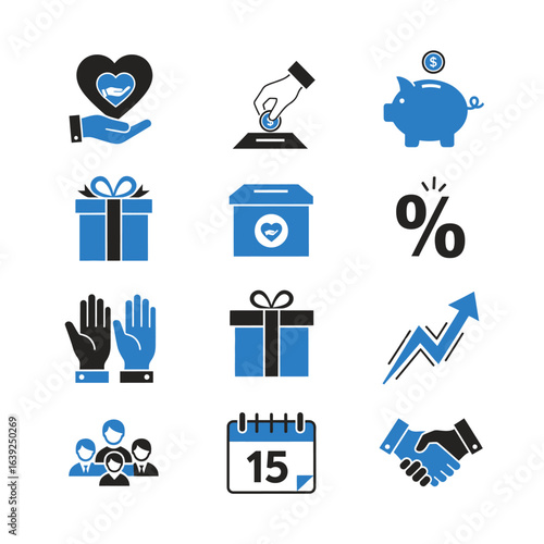 Collection of blue and black icons depicting charity, giving, finance, and business concepts.