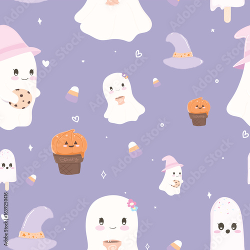 Cute Halloween-themed with Tea and dessert concept cartoon characters with a soft and inviting look, Halloween Seamless pattern purple pastel 