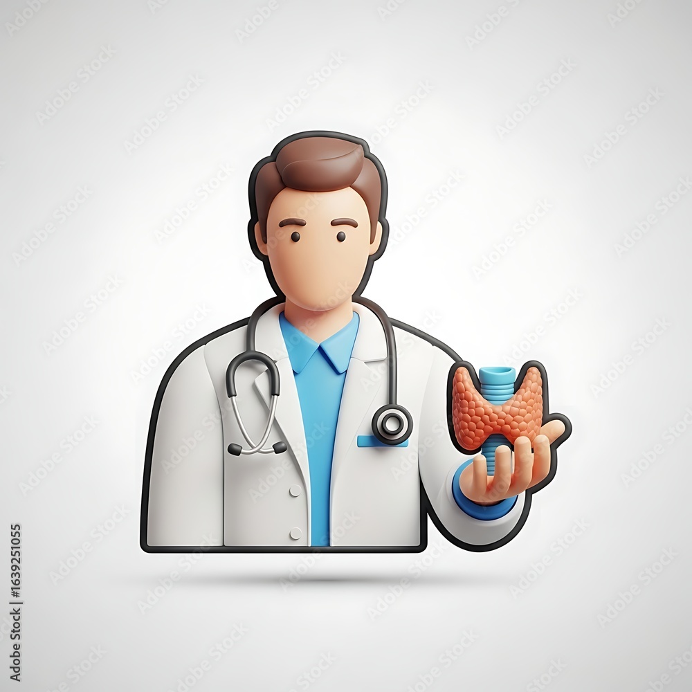 Fototapeta premium A 3D illustration of a male physician character presenting a thyroid gland model. A concept for endocrinology and healthcare.