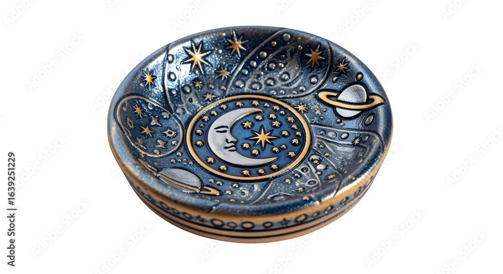 Fototapeta premium Clay charm dish with celestial designs, isolated on white background