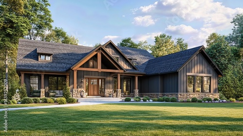 Luxurious Home Exterior with Stone Accents and Expansive Lawn. Modern Farmhouse Architectural Design
