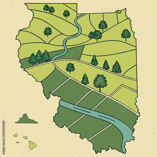 Illinois Landscape in Cartographic Style: A simplified yet detailed illustration, presents the shape of the state filled with stylized natural elements, including rolling fields, meandering rivers.