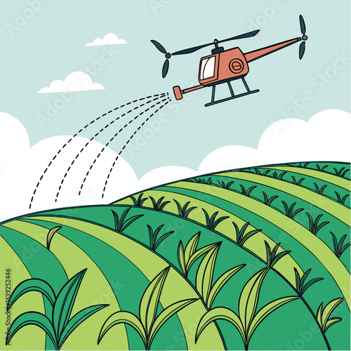 Crop sprayer at work: An illustration of a crop duster applying pesticide across the fertile ground with a backdrop of a clear blue sky. The picture captures the essence of technological innovation.