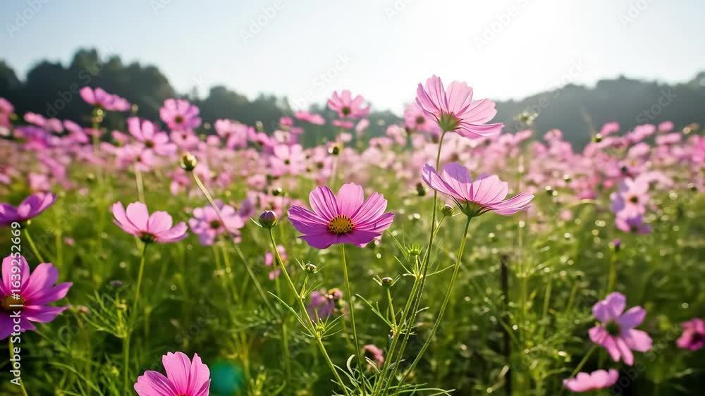 Field of Pink Cosmos Flowers Blooming Under Bright Sunlight with Green Foliage in Summer Landscape Field of Pink Cosmos Flowers Blooming Under Bright Sunlight with Green Foliage in Summer Landscape