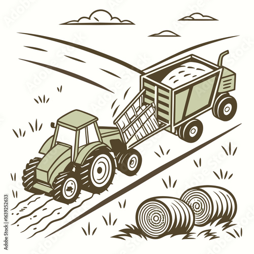 Farm Tractor Hauling Harvest: A charming vintage illustration of a tractor diligently pulling a trailer loaded with freshly harvested hay bales across the farmland.