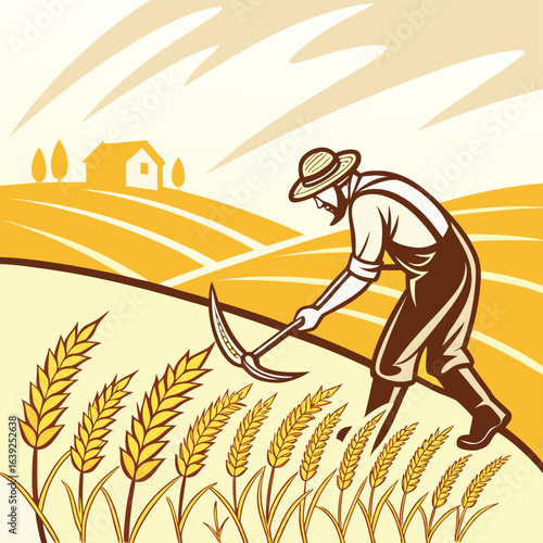 Golden Harvest Labor: An illustration of a farmer diligently reaping a wheat field at harvest time, bathed in the warm glow of the sun.
