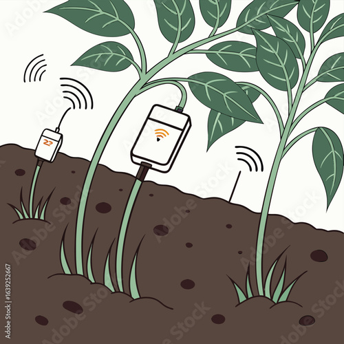 Smart Plants: An illustration of plants, seamlessly integrated with advanced technology, communicate via wireless signals
