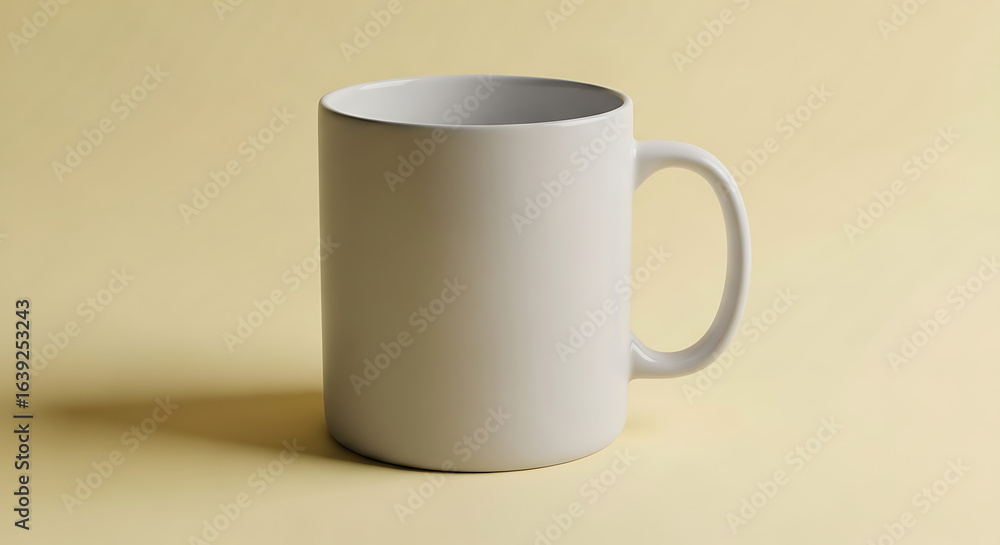 Obraz premium A plain, empty, ceramic mug with a handle sits on a light yellow background, casting a shadow.