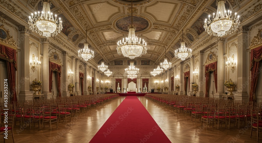 Obraz premium Grand Ballroom with Red Carpet and Chandeliers