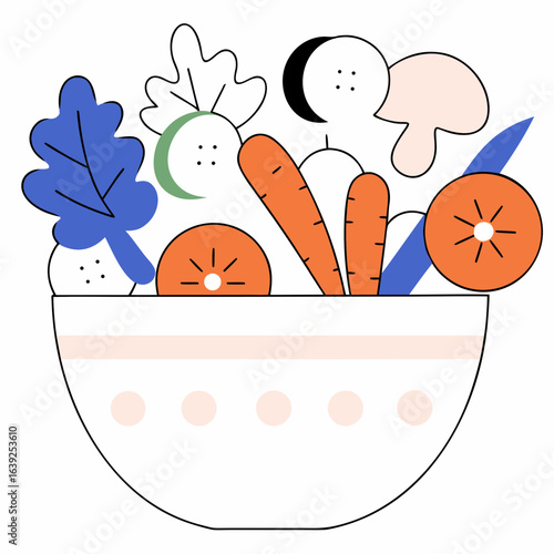 Bowl of assorted fresh vegetables including carrots, mushrooms, and leafy greens.
