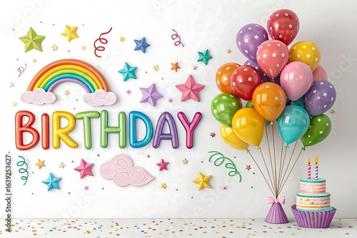 Celebrate birthdays with colorful rainbow decorations, cake, balloons, and stars for a festive occasion