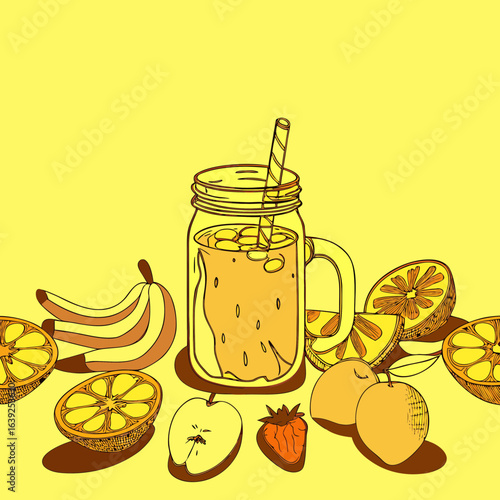 Glass jar filled with fresh fruit smoothie surrounded by bananas and citrus.
