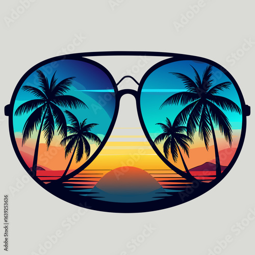 Sunglasses reflecting tropical beach with palm trees at sunset.
