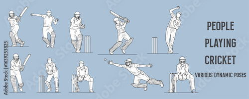 Architectural Drawings people playing cricket in various dynamic poses such as batting, bowling, fielding, and wicketkeeping vector illustration, side view, human person Minimal style hand drawn.