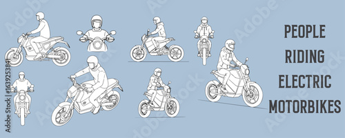 Architectural Drawings people riding electric motorbikes in side, front, and angled views, showing relaxed and natural riding postures vector illustration, side view, human person