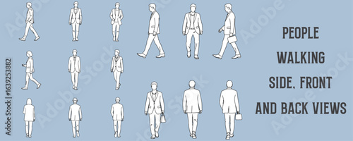 Architectural Drawings people walking in isolated side, front, and back views vector illustration,  human person Minimal style hand drawn.