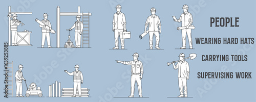 Architectural Drawings people wearing hard hats, carrying tools, or supervising work on-site vector illustration, side view, human person Minimal style hand drawn.