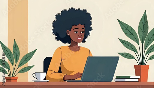 Vector illustration of professional African American businesswoman working on laptop, modern home office background - remote work, and female entrepreneurship, freelancer, digital nomad concept