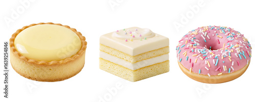 A classic bakery dessert set with a slice of lemon tart, a layered cake slice, and a pink-frosted donut. This delicious collection offers a variety of popular sweet treats.