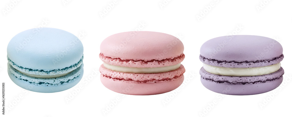 A collection of three elegant French macarons in blue, pink, and purple pastel colors. This set represents a classic gourmet dessert from a patisserie, perfect for a sweet and delicate treat. A collection of three elegant French macarons in blue, pink, and purple pastel colors. This set represents a classic gourmet dessert from a patisserie, perfect for a sweet and delicate treat.