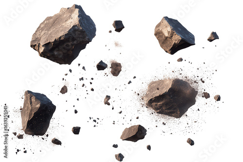 Collection of exploding rock stones scattering debris during a controlled demolition in a quarry site at midday