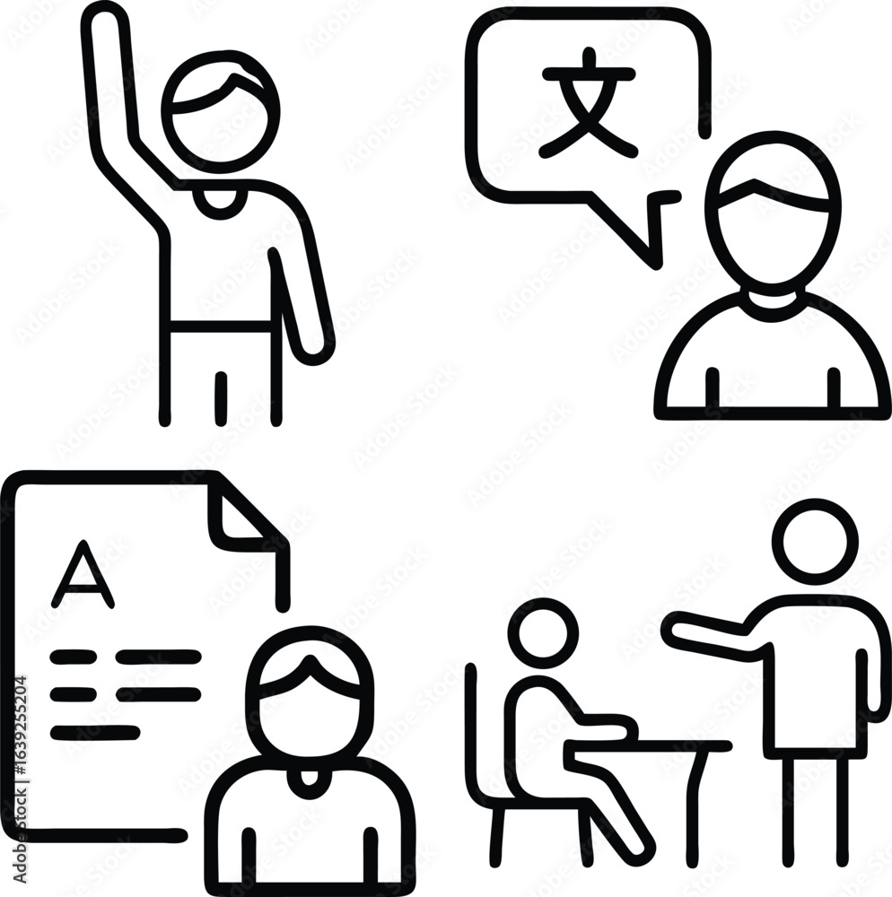 A collection of four simple line art icons depicting various educational and language learning scenarios, including participation, communication, assessment, and instruction. A collection of four simple line art icons depicting various educational and language learning scenarios, including participation, communication, assessment, and instruction.